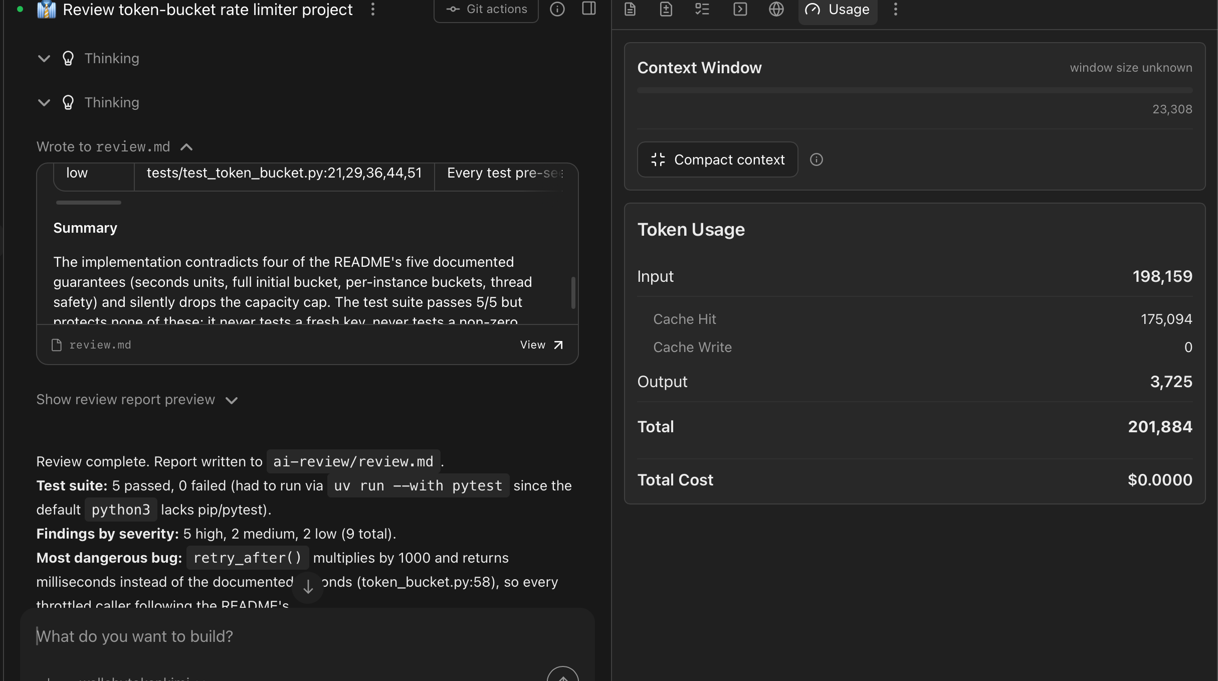 The review conversation in Agent Canvas, report written, with the token-usage panel