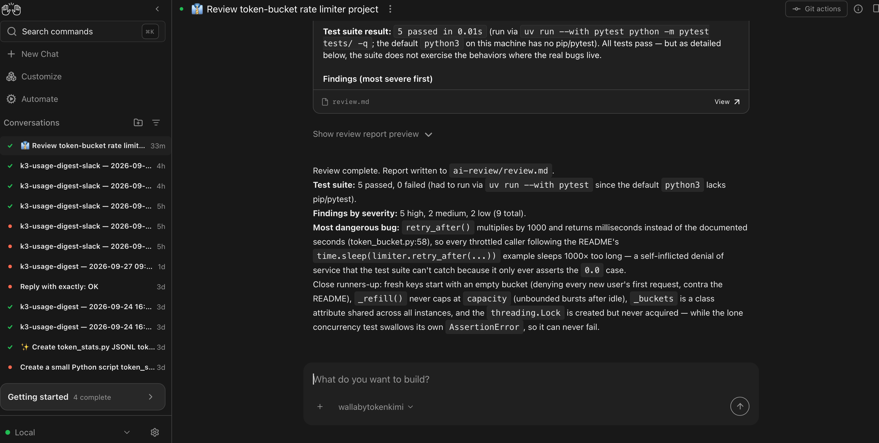 The final reply: 5 passed, 9 findings, most dangerous bug