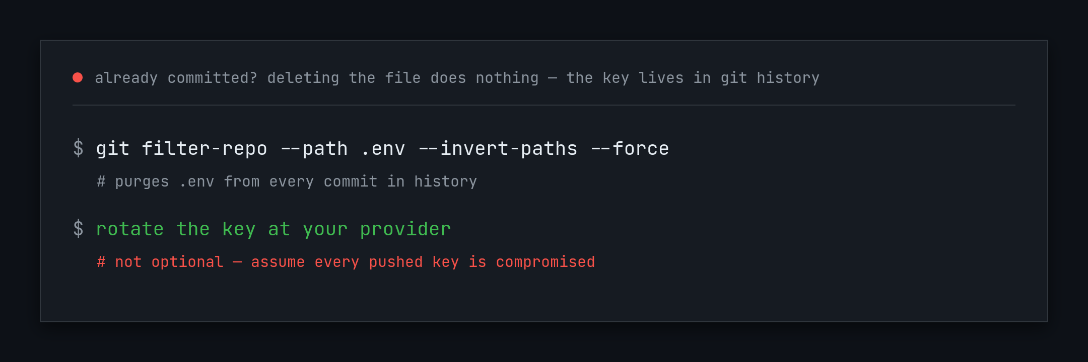 Purging .env from git history and rotating the key