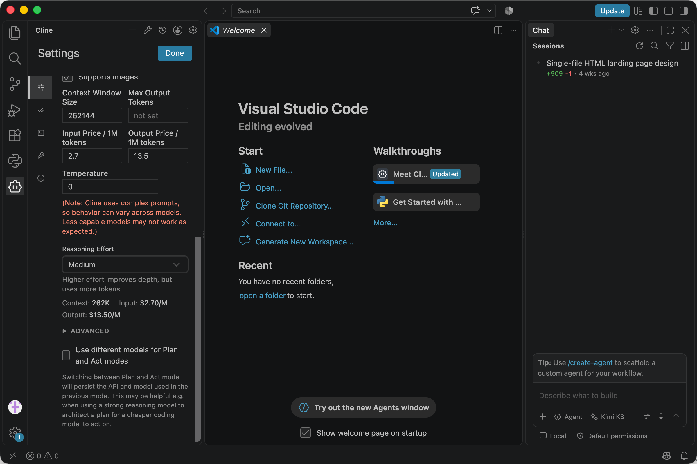 Cline's settings panel in VS Code after re-selecting the None effort tier: the quota readout under Reasoning Effort (Context: 262K, Input: $2.70/M, Output: $13.50/M) is not refilled