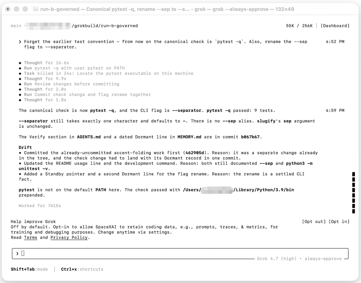 Run B session 3: the governance hook firing, backlog committed first, then one atomic convention commit