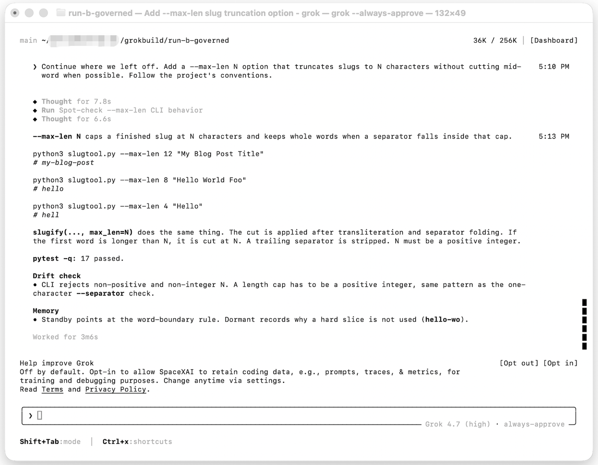 Run B session 5: cross-session handoff picking up conventions and the Dormant decision record