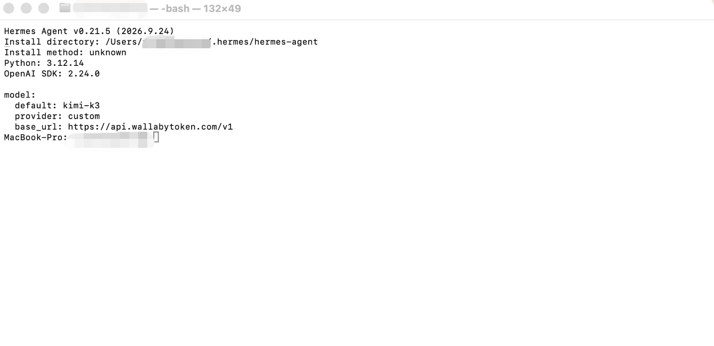 Hermes v0.21.5 running kimi-k3 through the Wallaby Token gateway