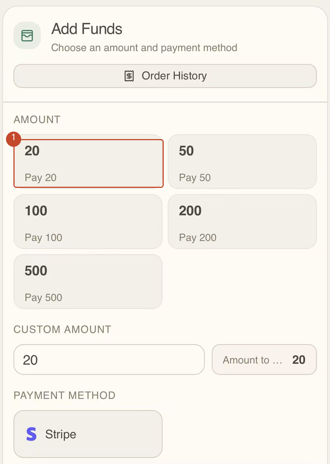 Add Funds page with preset and custom amounts