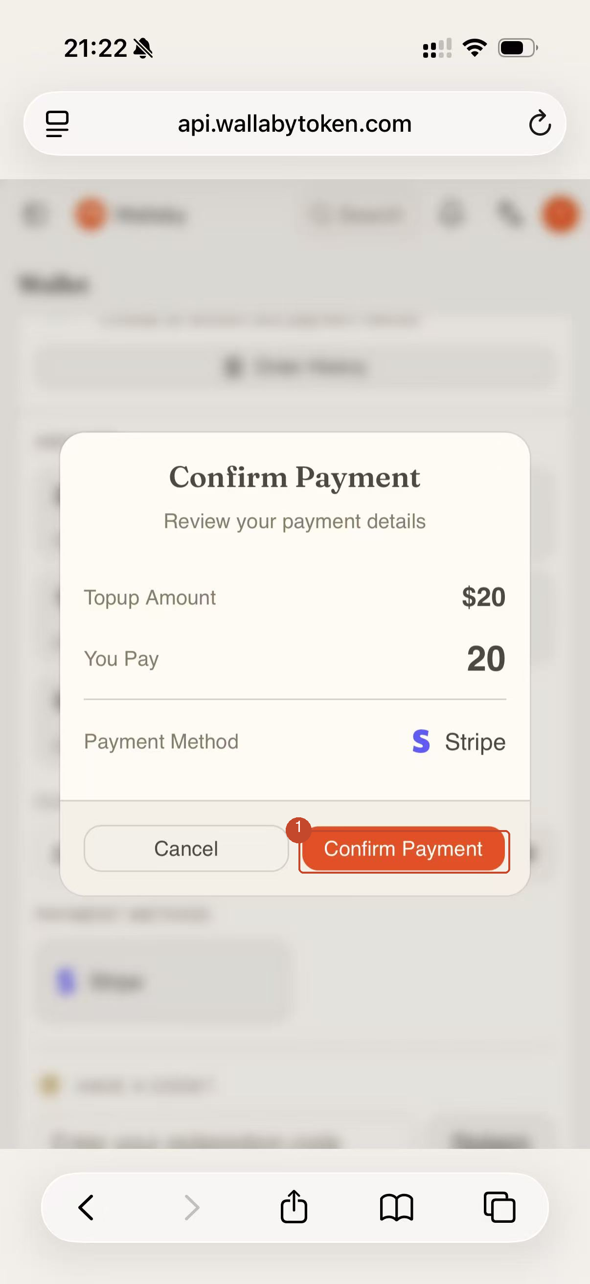 Confirm Payment dialog showing the $20 amount