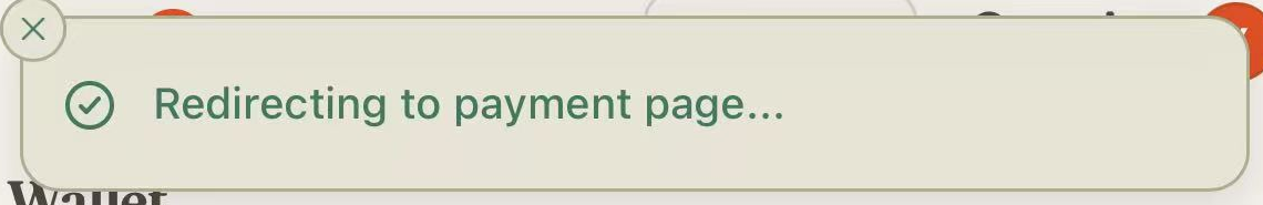 The redirect toast shown before checkout opens
