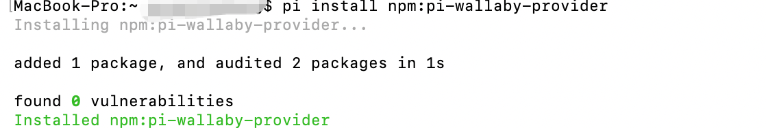 Terminal showing pi install npm:pi-wallaby-provider completing with "Installed npm:pi-wallaby-provider"