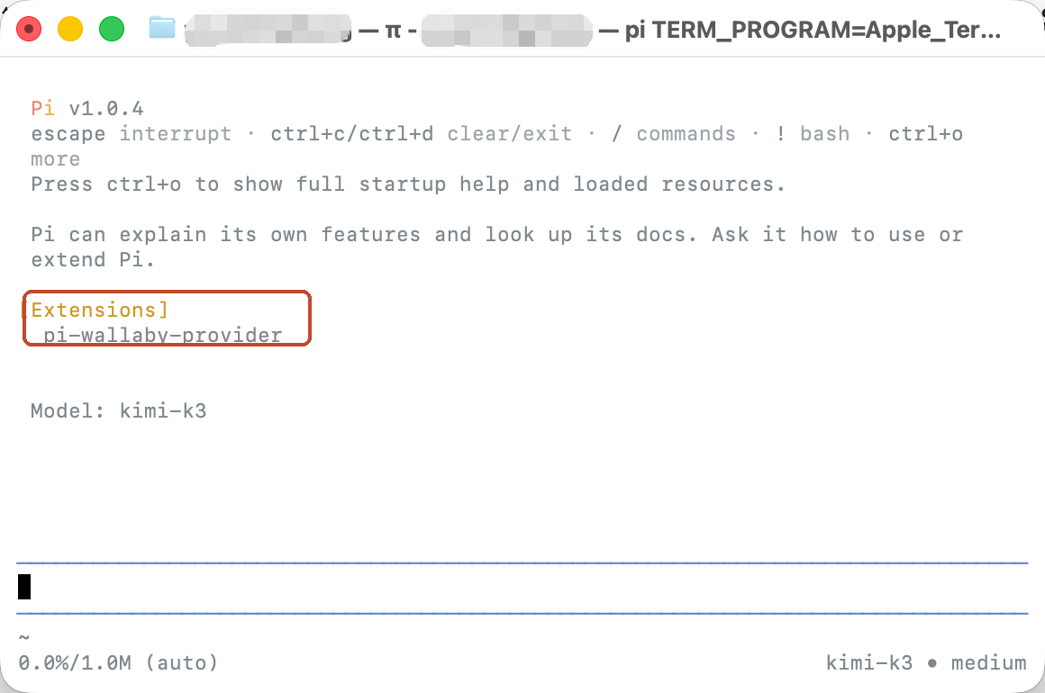 pi 1.0.4 startup screen listing pi-wallaby-provider under Extensions