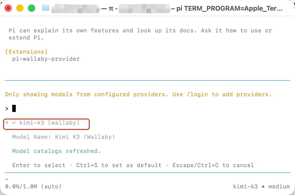 pi's /model picker with kimi-k3 [wallaby] selected