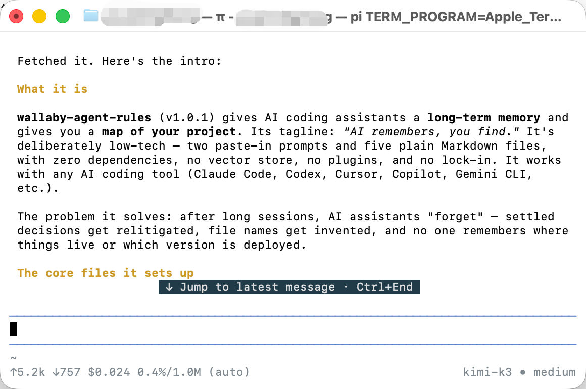 pi session answering a repo-review task, status bar showing $0.024 on kimi-k3