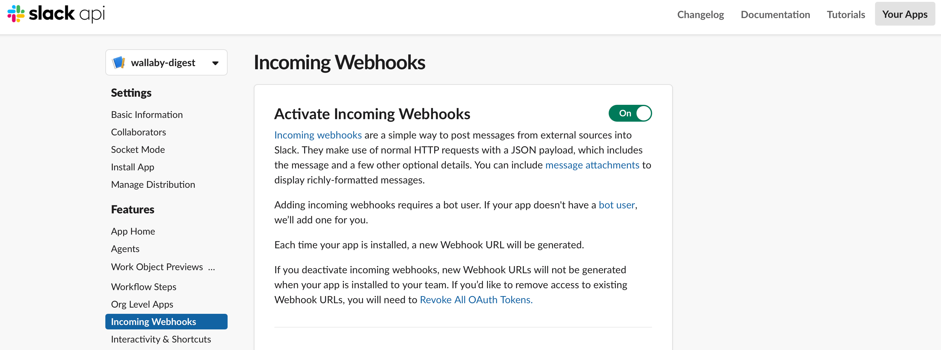 Enabling Incoming Webhooks on a Slack app