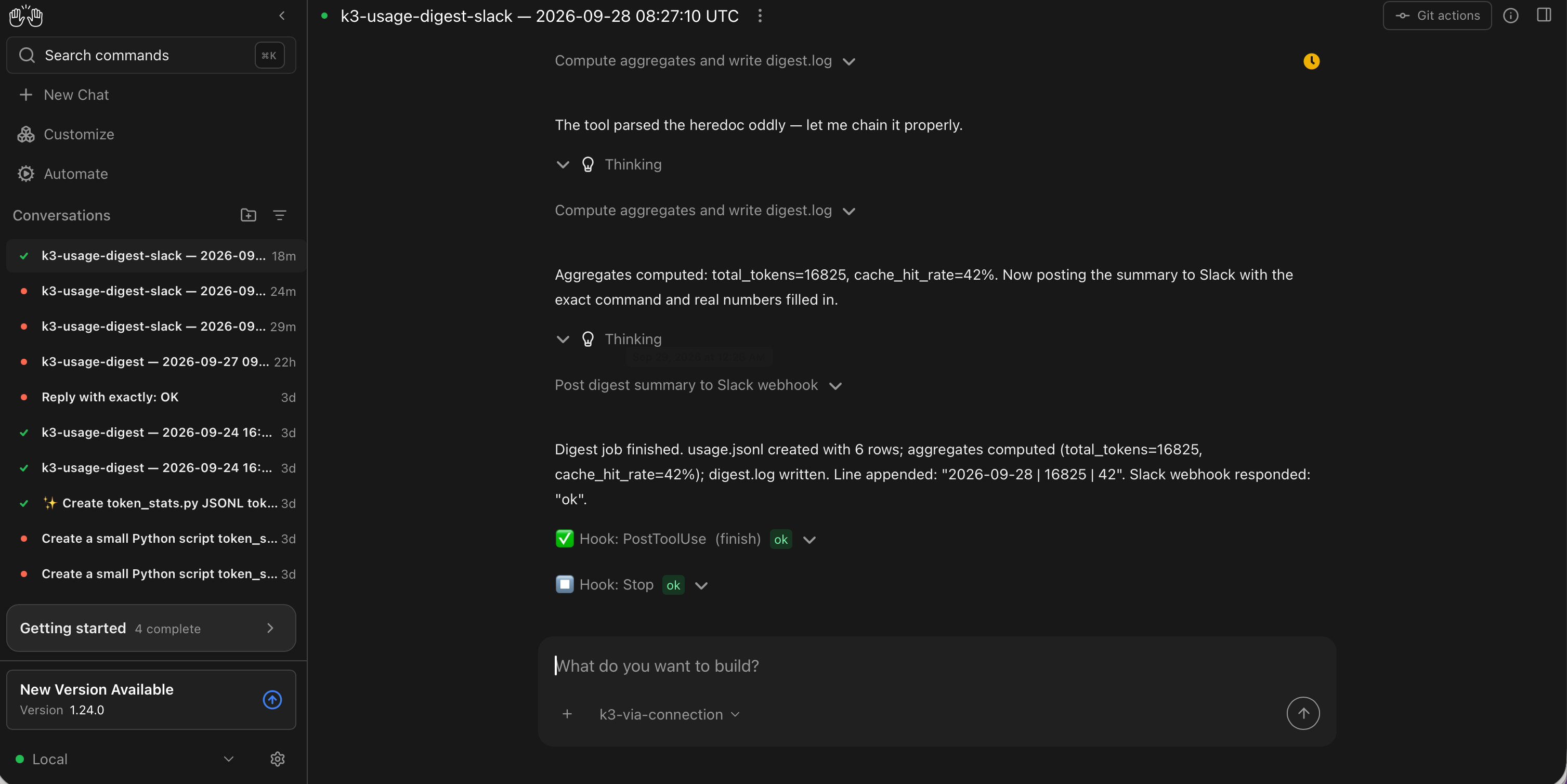 The automation run completing in Agent Canvas, with Slack acknowledging the post