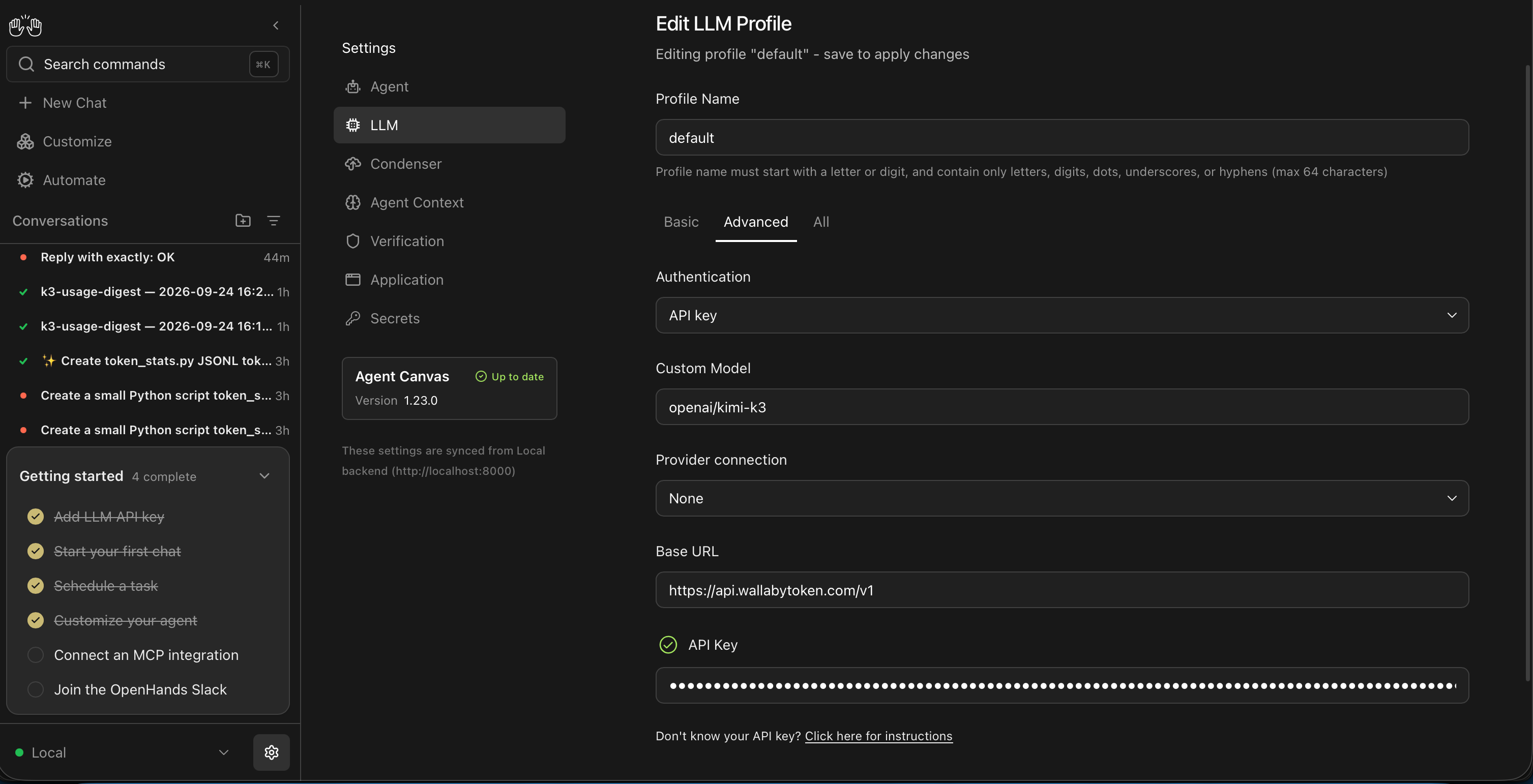 Agent Canvas LLM settings with the provider connection fields filled