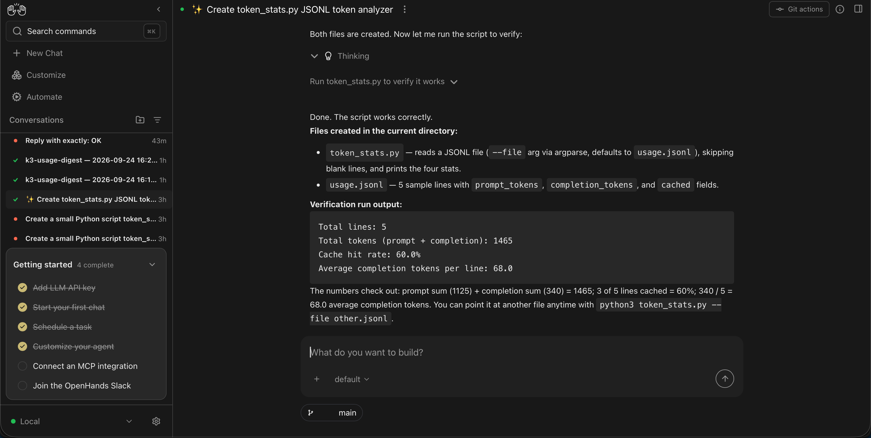 Agent Canvas conversation running the token_stats task on kimi-k3