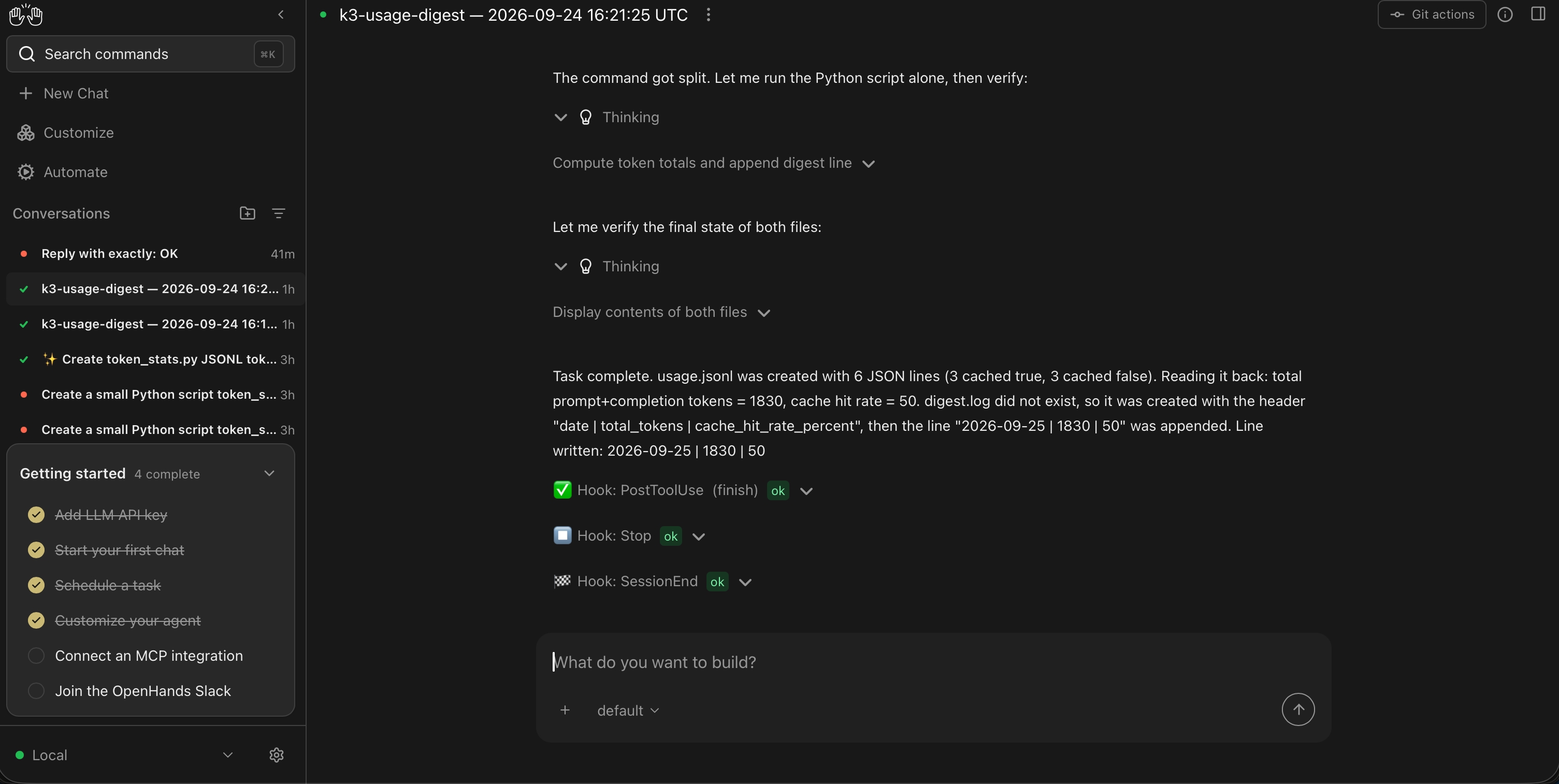 Agent Canvas automation run completing the usage digest task on the same kimi-k3 profile