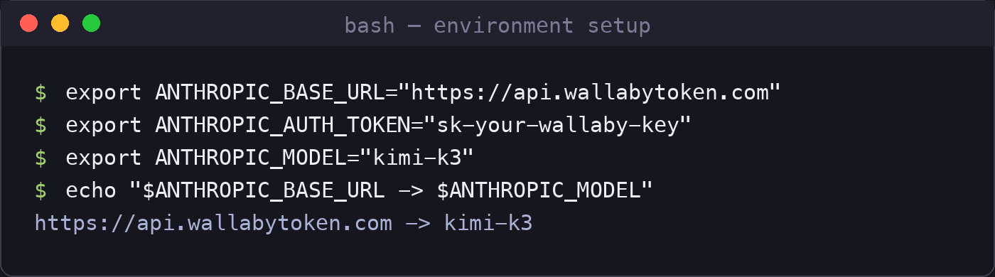 Setting the three Claude Code environment variables in a terminal