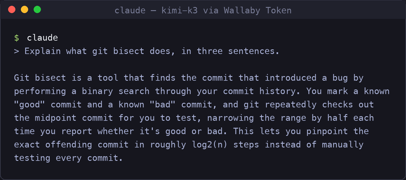 Claude Code answering a test prompt through kimi-k3 on Wallaby Token