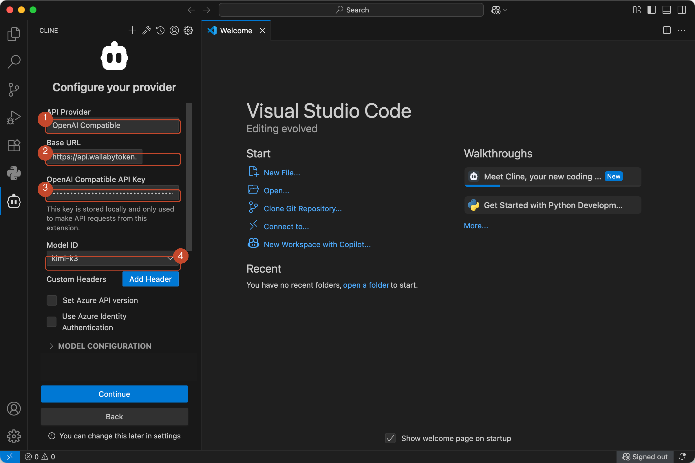 Cline provider settings: OpenAI Compatible selected, Base URL, API Key, and Model ID filled
