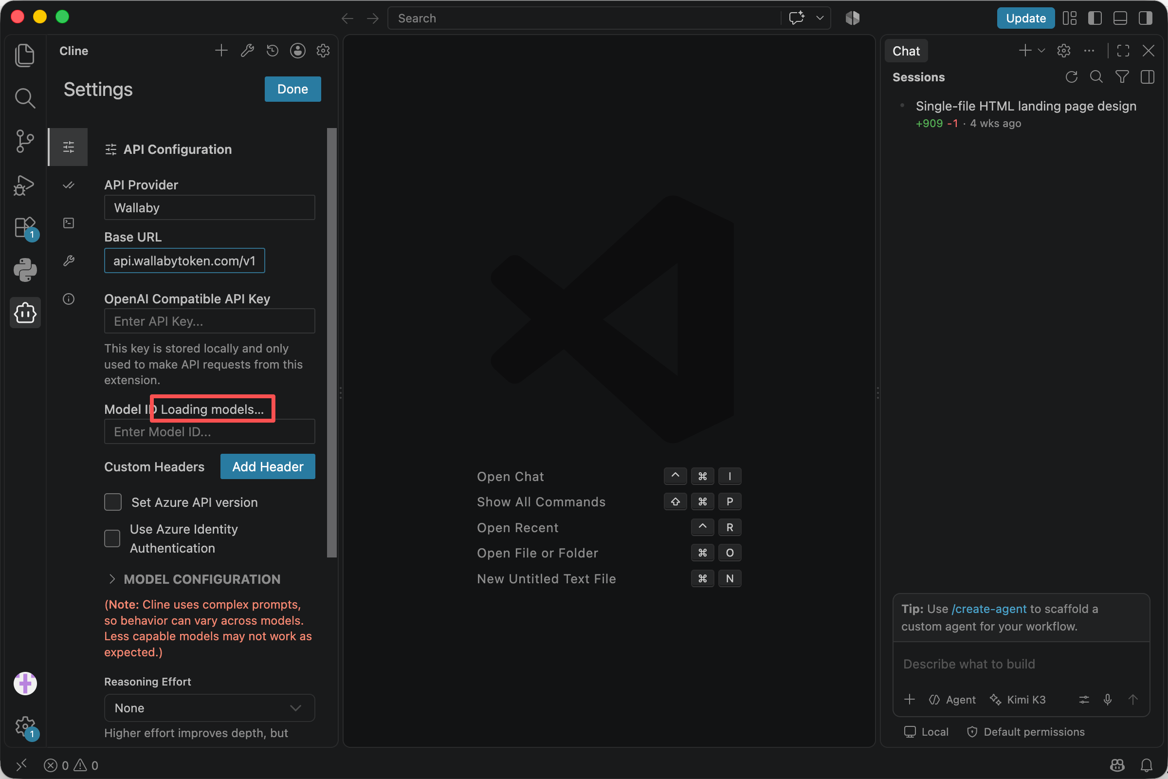 The Model ID field auto-loading the model list once the base URL and key are in place