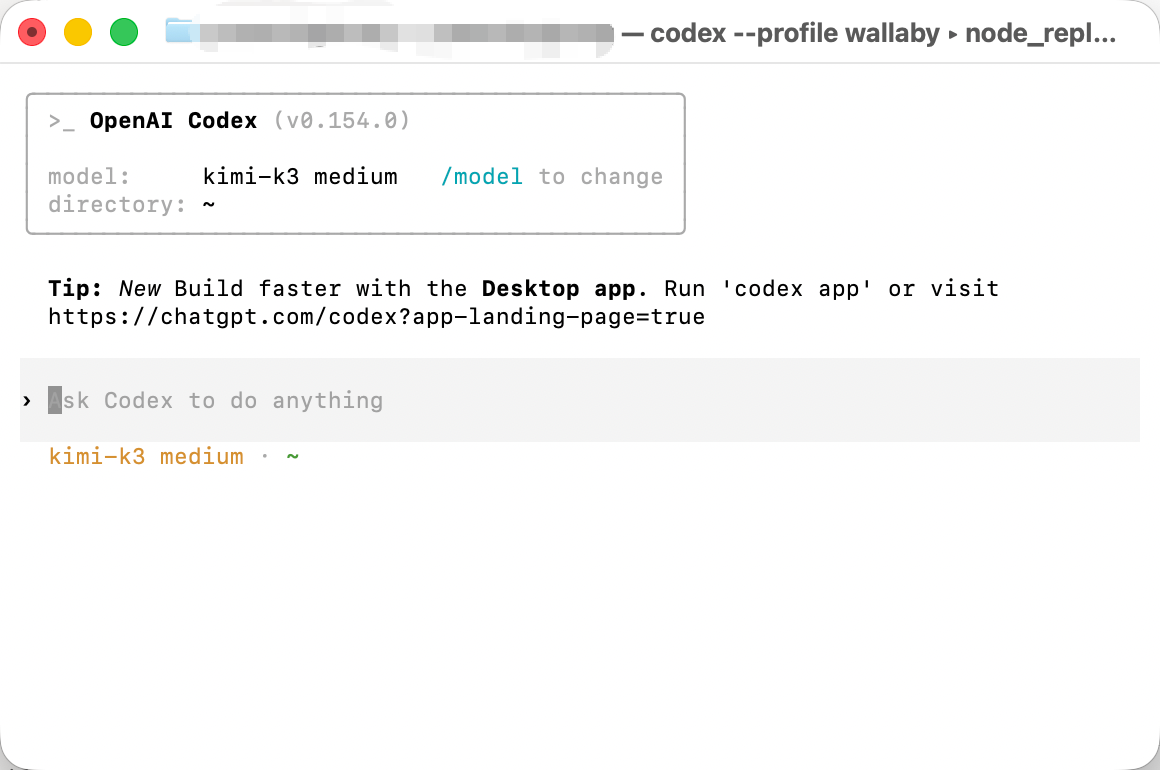 Codex CLI welcome screen showing kimi-k3 as the active model
