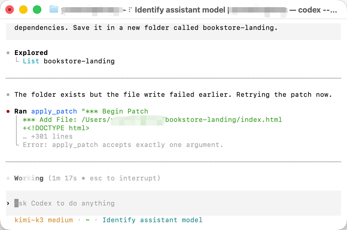 Codex recovering from an apply_patch argument error and retrying the write