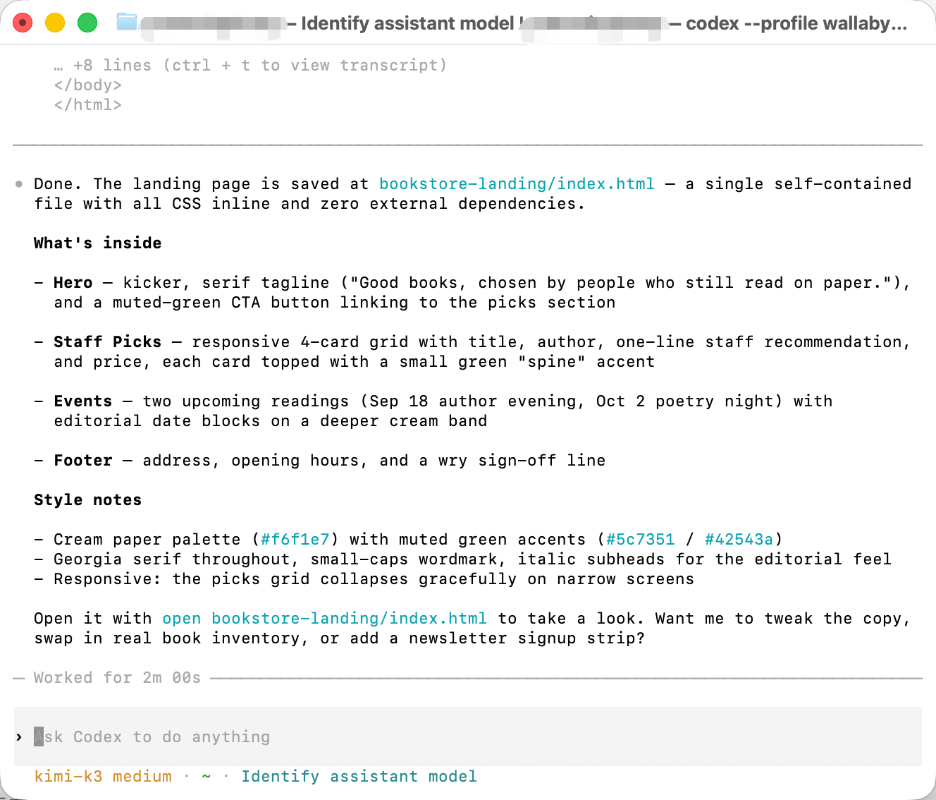 Codex reporting the finished landing page with a section-by-section summary