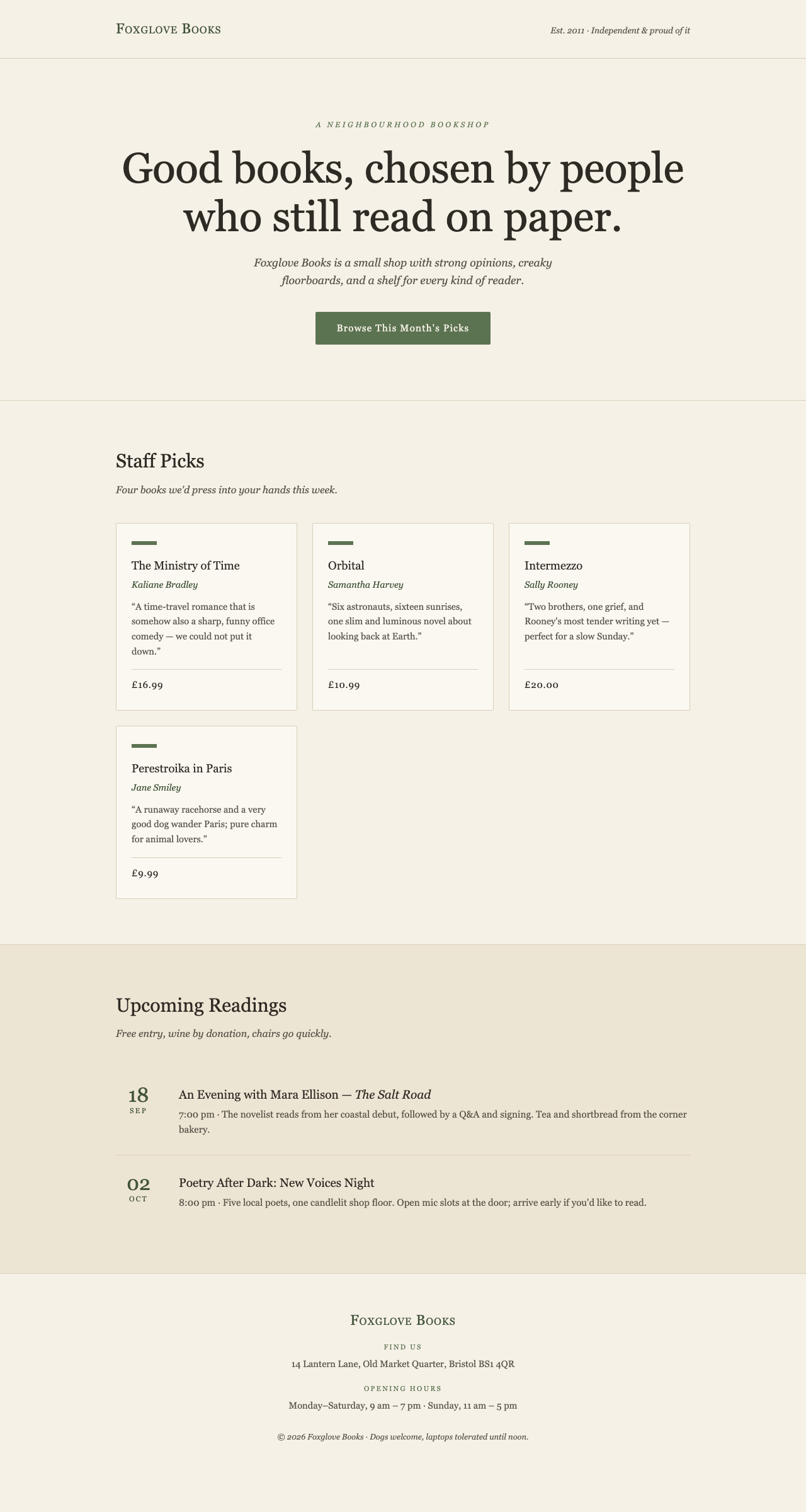 The finished bookstore landing page in a browser