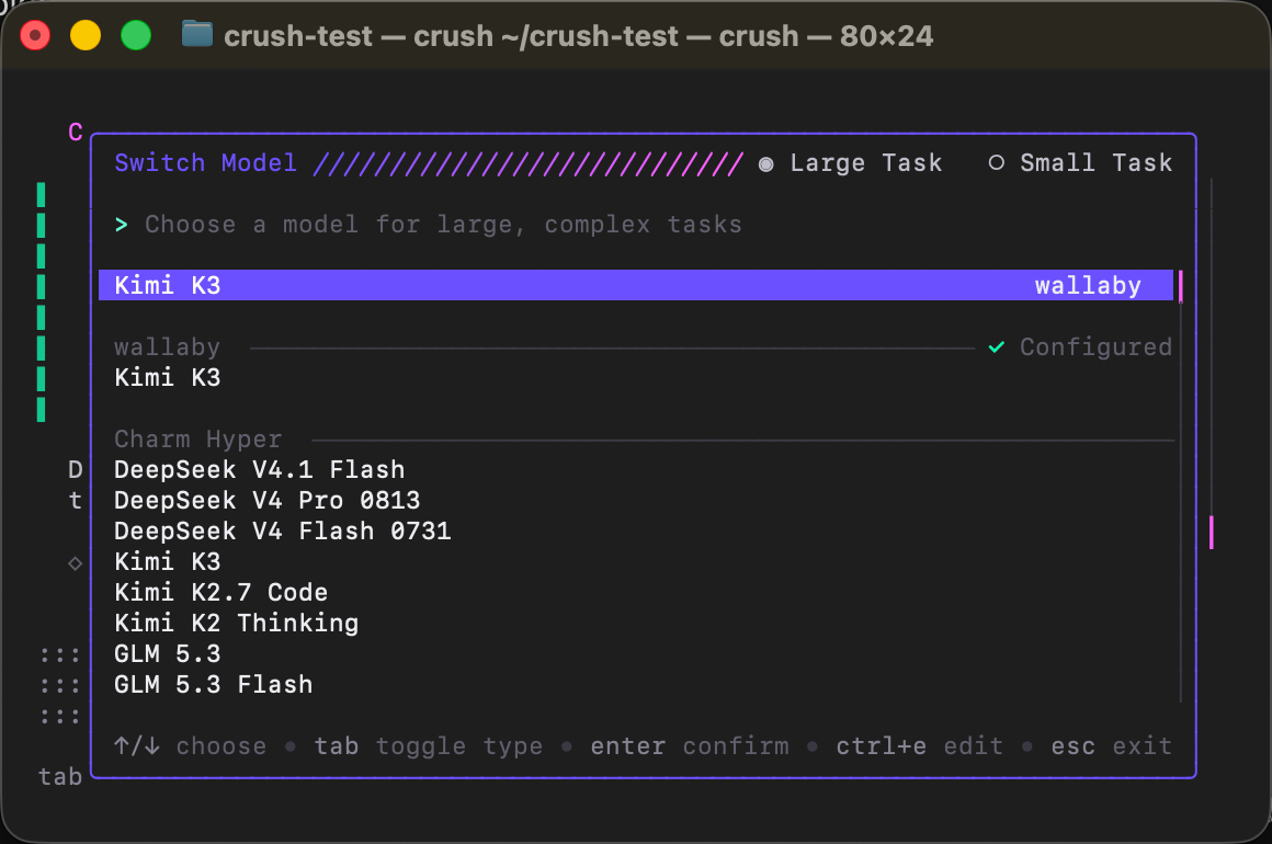 Crush model picker — wallaby's Kimi K3 highlighted and marked Configured