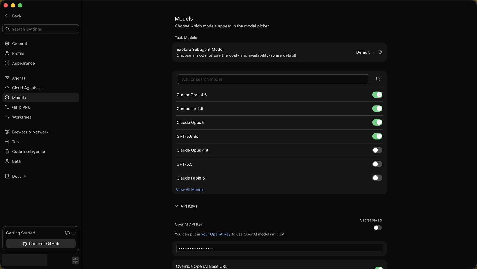 Cursor Settings → Models page