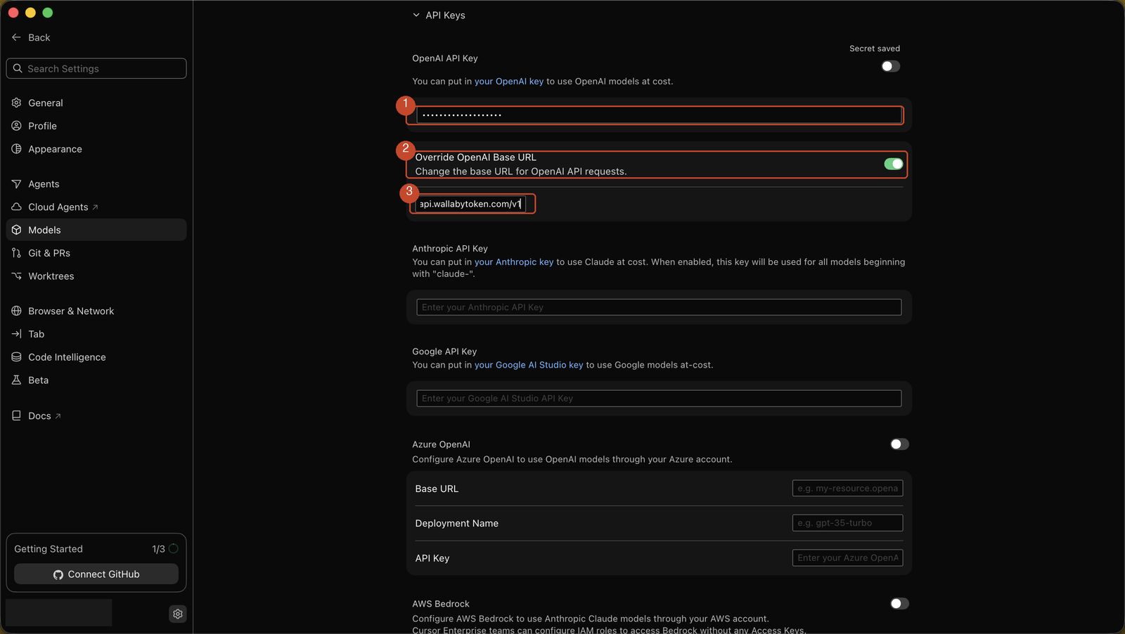 OpenAI API key field, Override toggle, and base URL field filled in