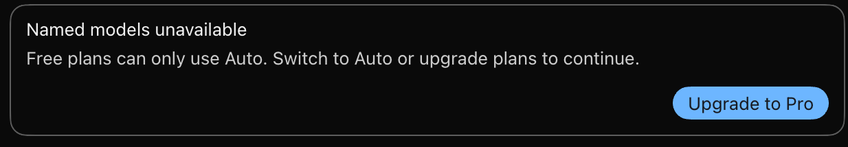 Cursor banner: Named models unavailable. Free plans can only use Auto.