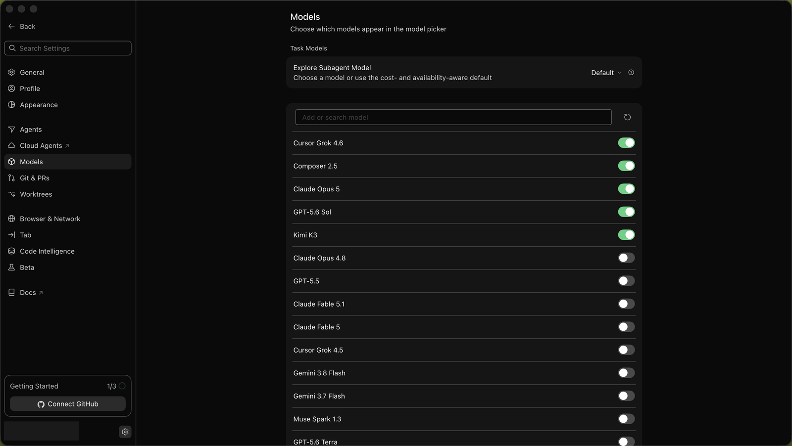 The built-in Kimi K3 model toggled on in Cursor's model list