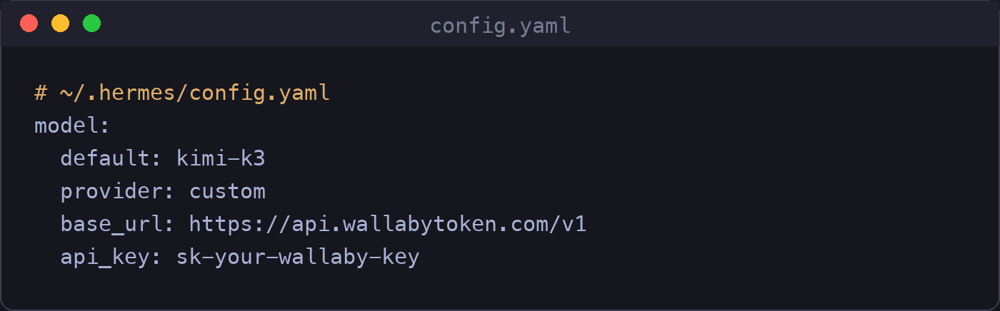 The complete Hermes config.yaml block for kimi-k3 on Wallaby Token