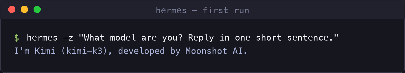 Hermes answering a test prompt through kimi-k3 on Wallaby Token