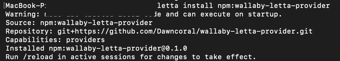 Terminal output of letta install npm:wallaby-letta-provider