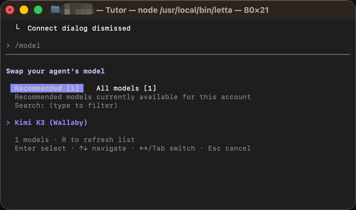 Model picker with Kimi K3 (Wallaby) as a named entry