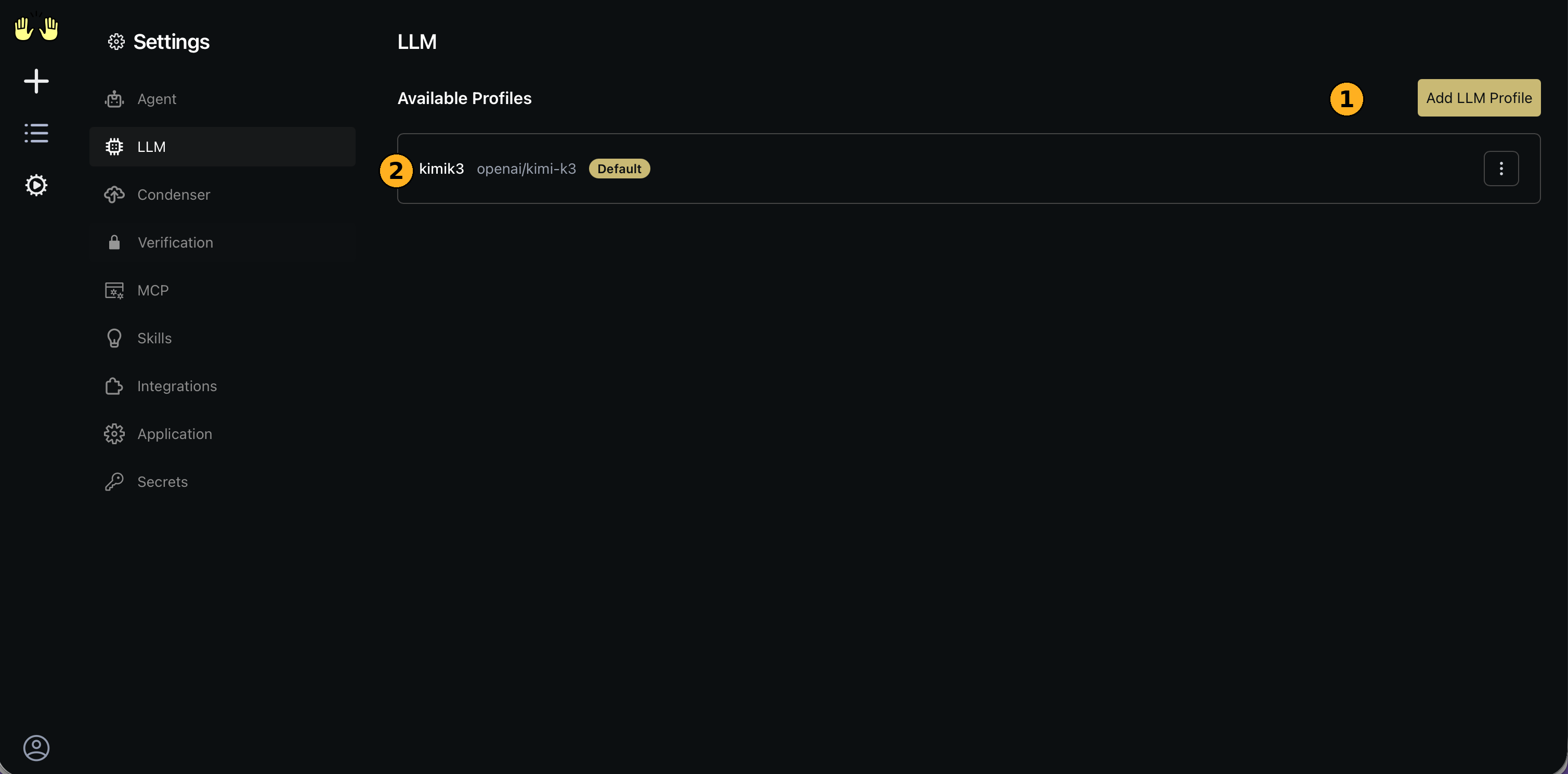 OpenHands LLM settings showing the saved kimi-k3 profile marked Default