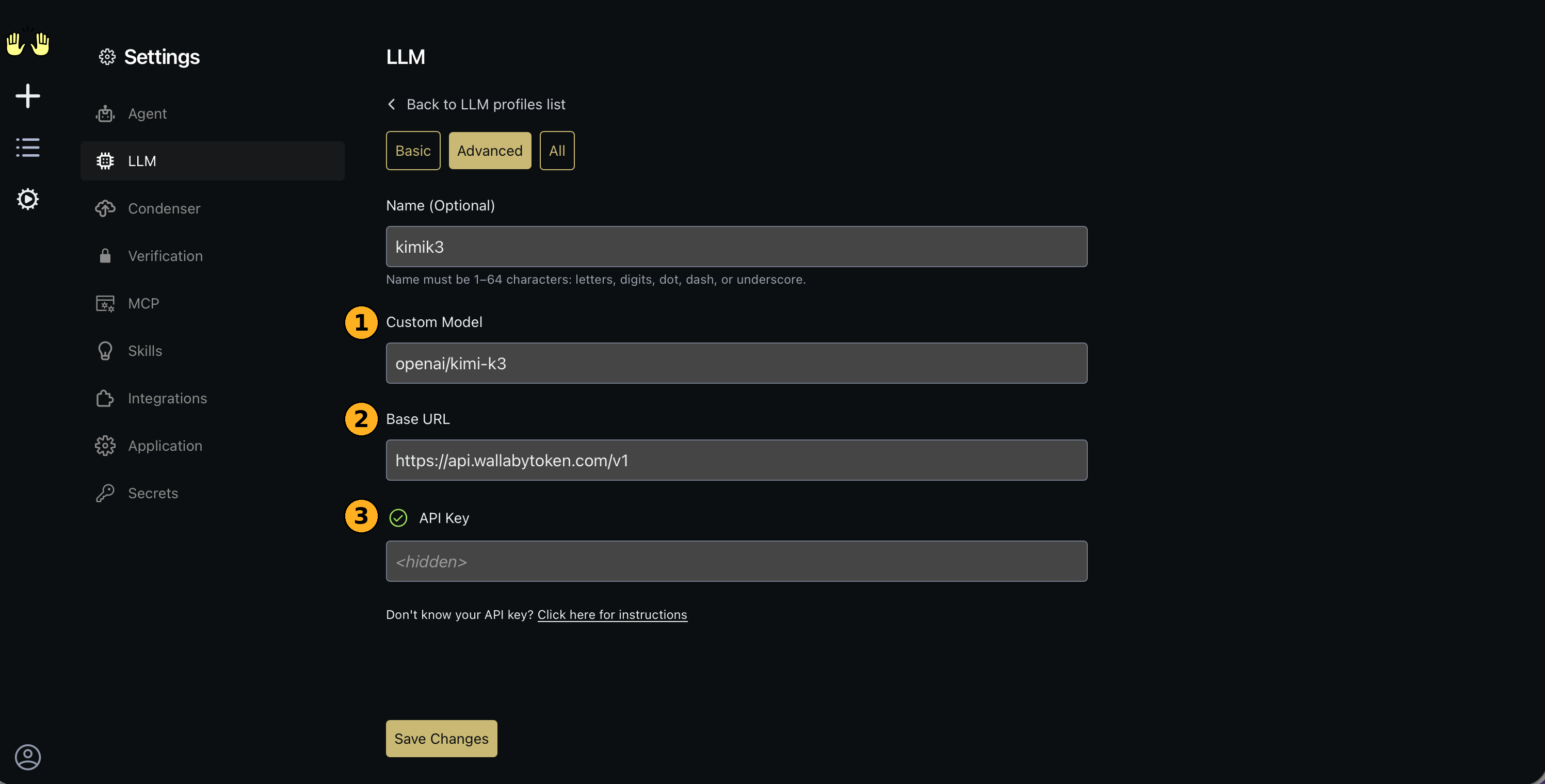 Profile fields filled: openai/kimi-k3, the Wallaby base URL, and the API key hidden