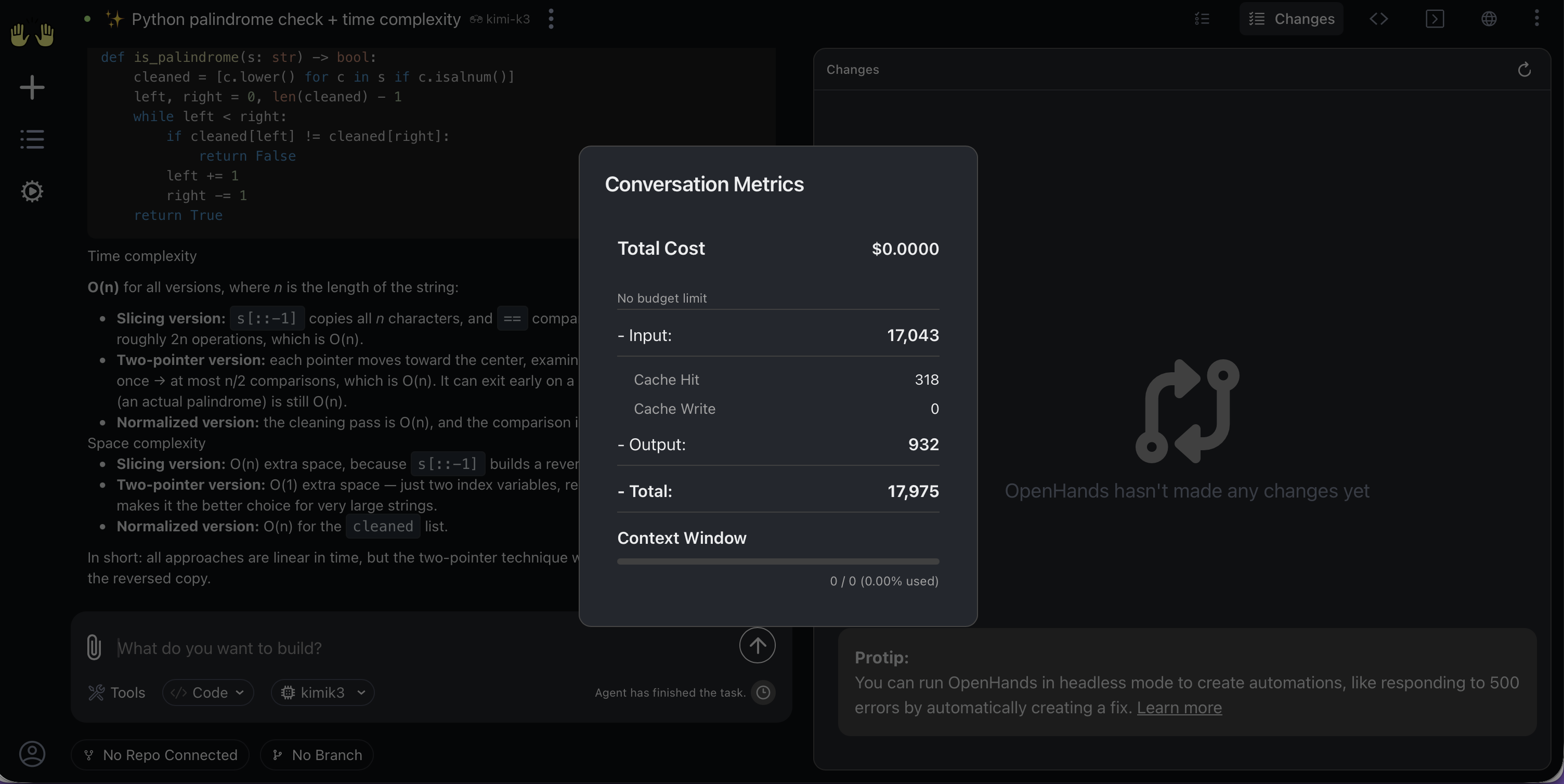 Conversation Metrics reporting $0.0000 for a kimi-k3 conversation