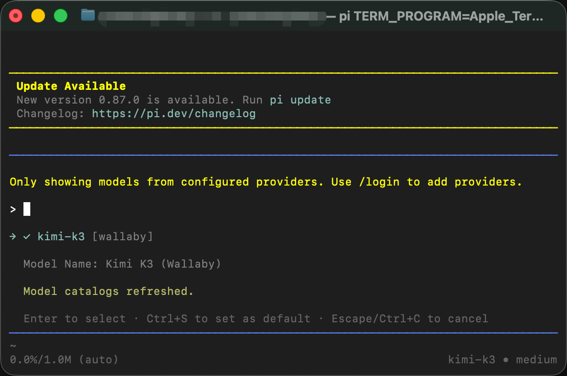 pi's /model picker listing kimi-k3 from the wallaby provider