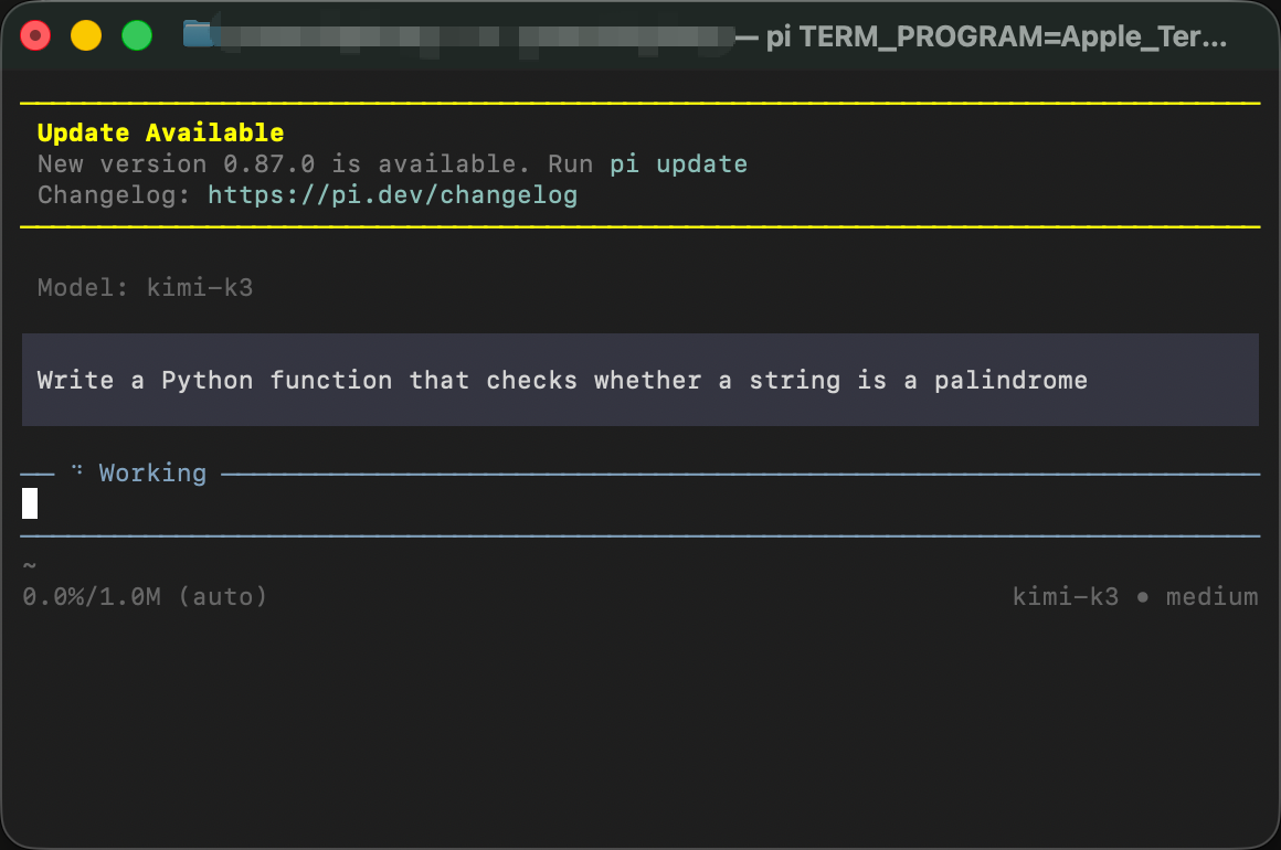 Sending the palindrome prompt to kimi-k3 inside pi