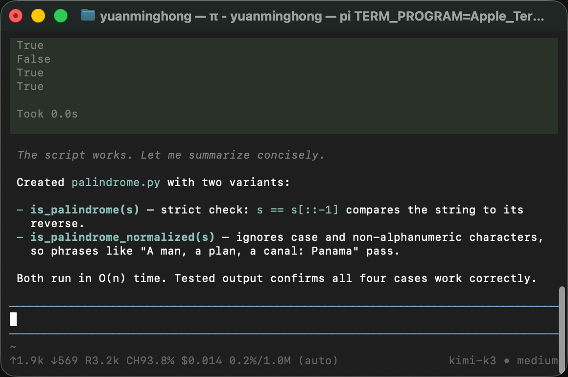 pi session result with a status-bar cost of $0.014 and a 93.8% cache-hit rate