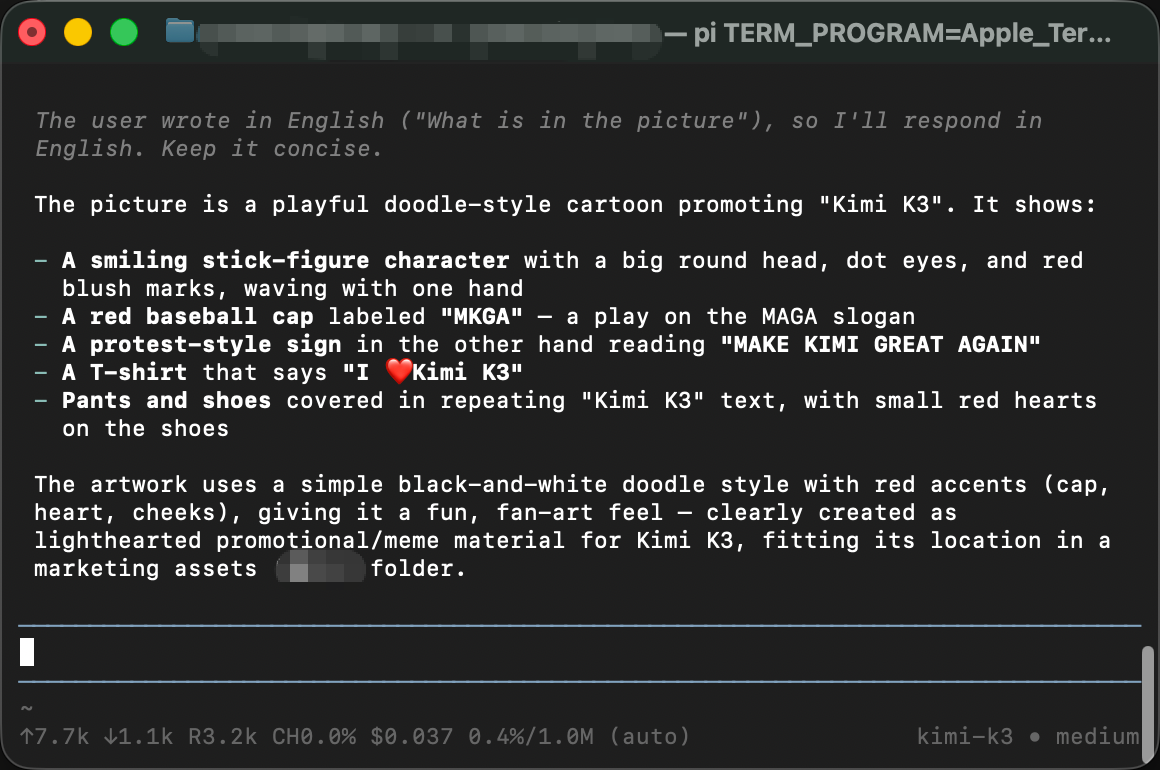 kimi-k3 describing the screenshot's contents inside pi