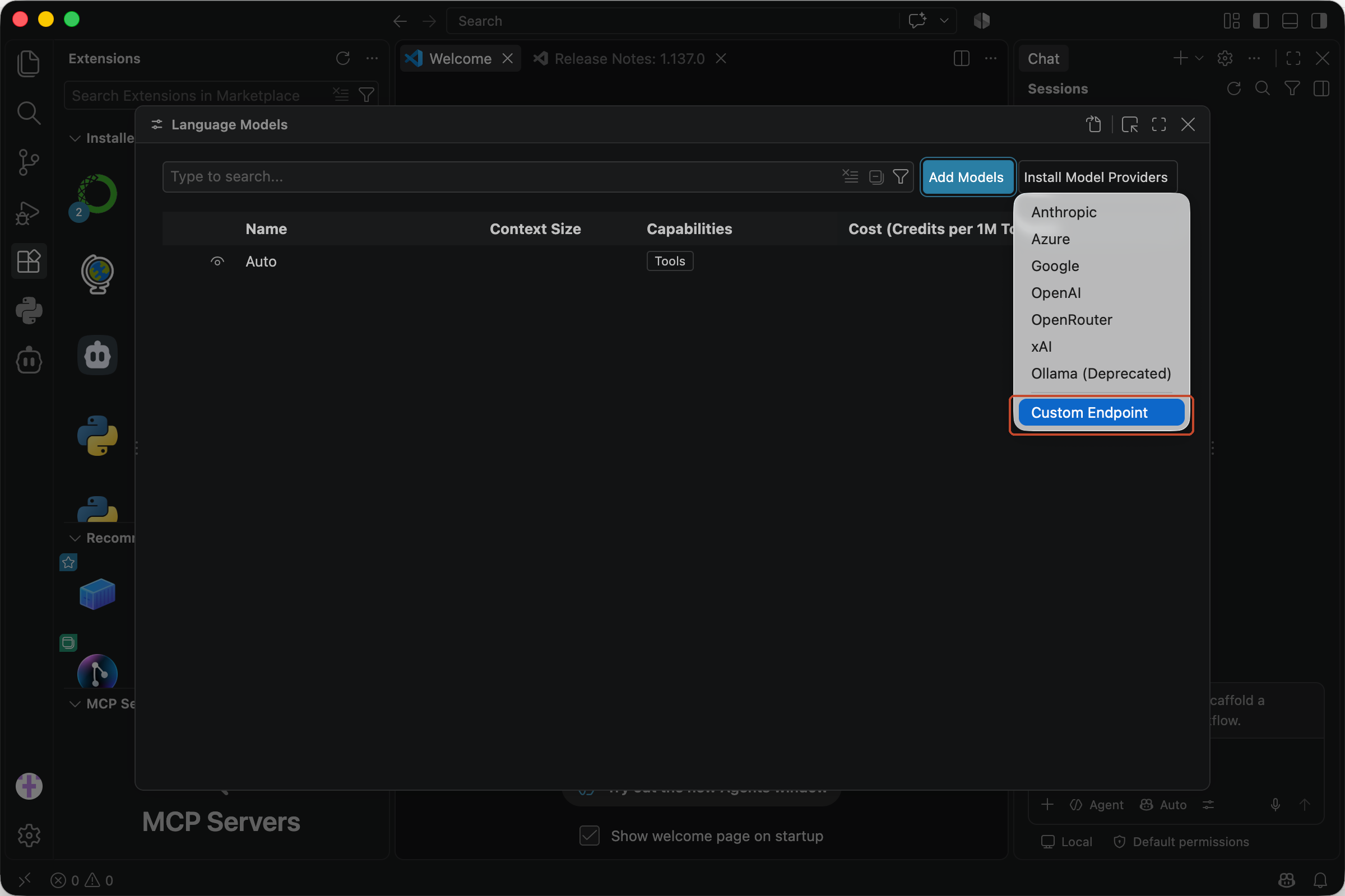 Add Models dialog with Custom Endpoint selected