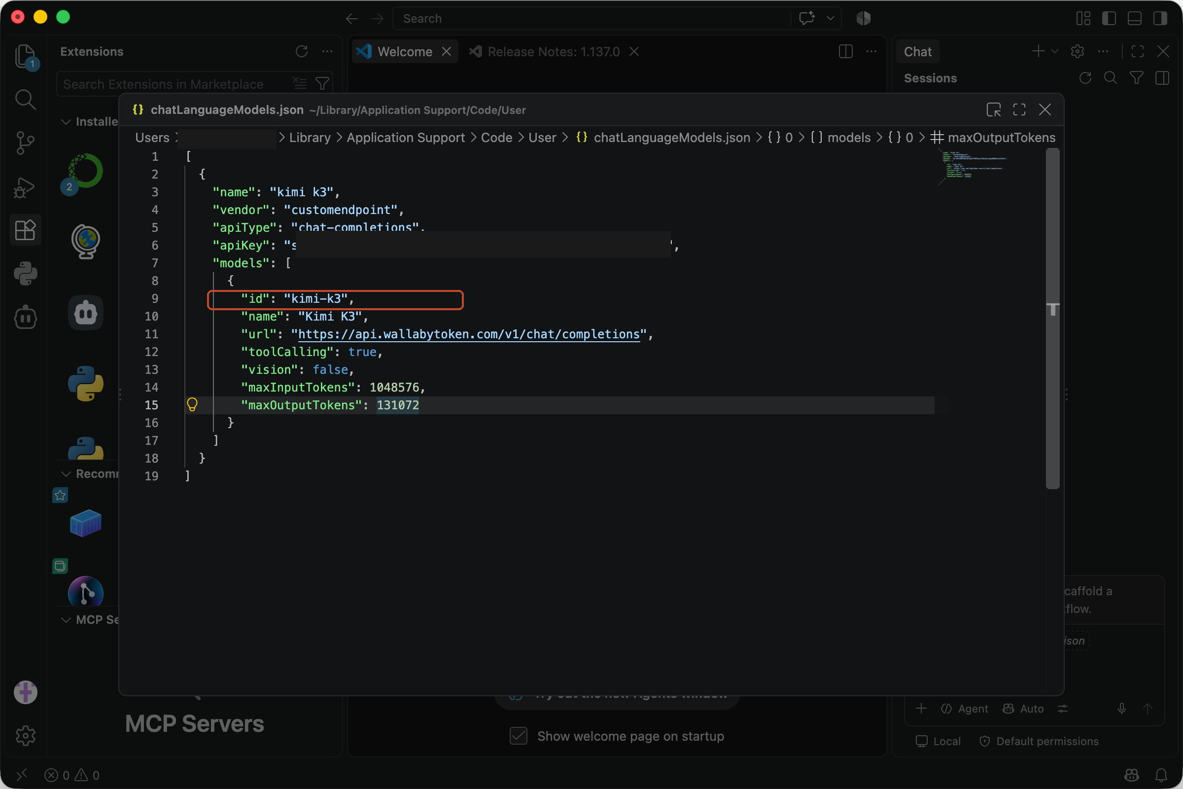 chatLanguageModels.json configured with the kimi-k3 model entry