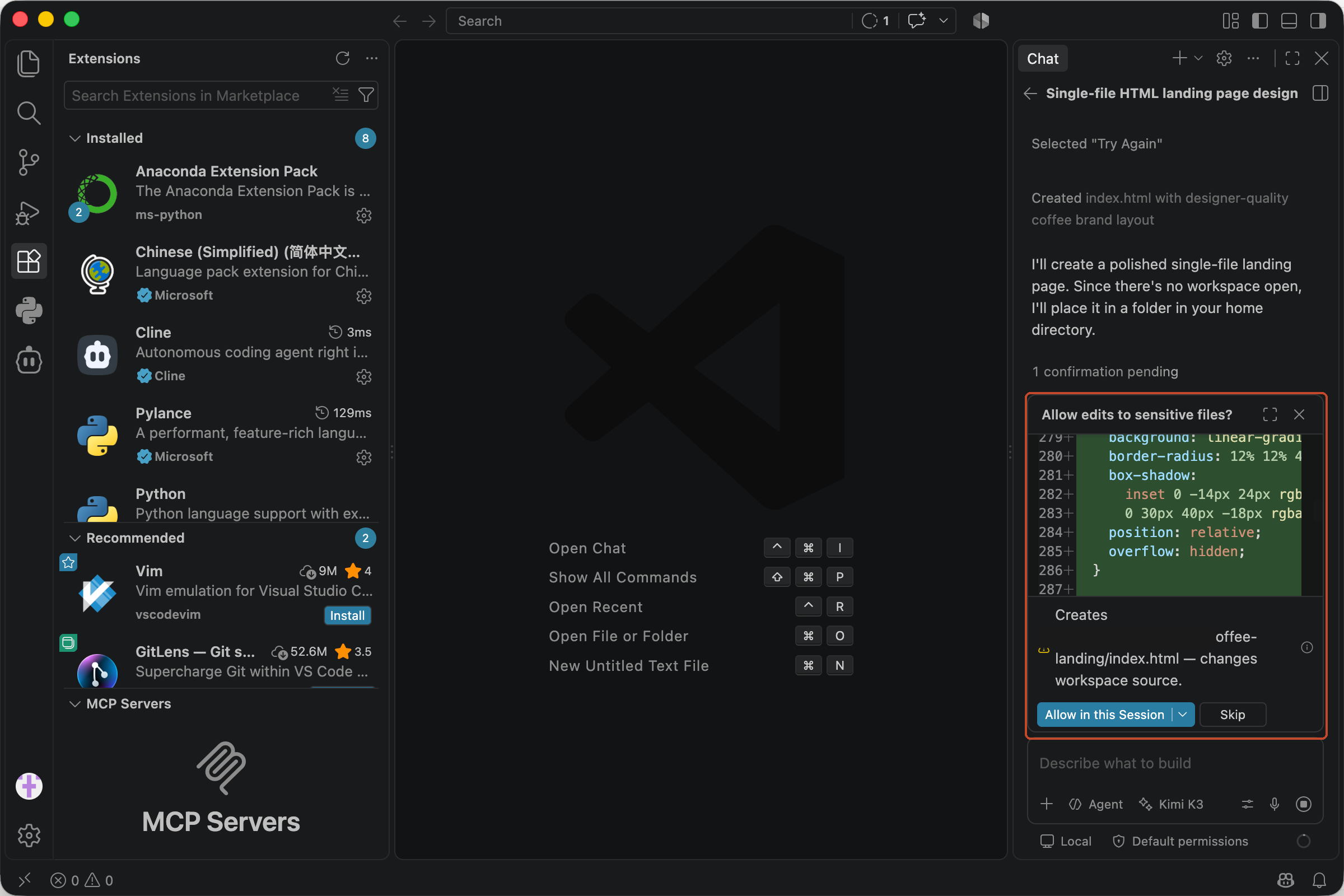 Agent mode task: kimi-k3 writing a styled landing page, with the confirmation prompt and CSS diff