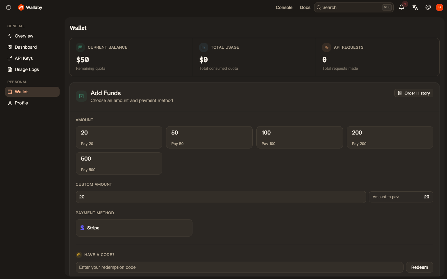 Wallet page showing a $50 balance and top-up tiers from $20 to $500