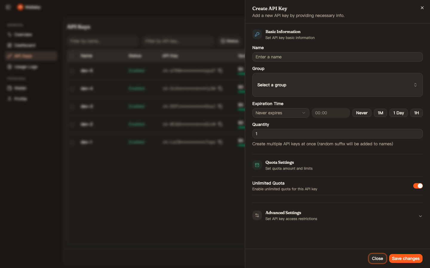 The Create API Key dialog with name, quota, expiry and model-limit sections