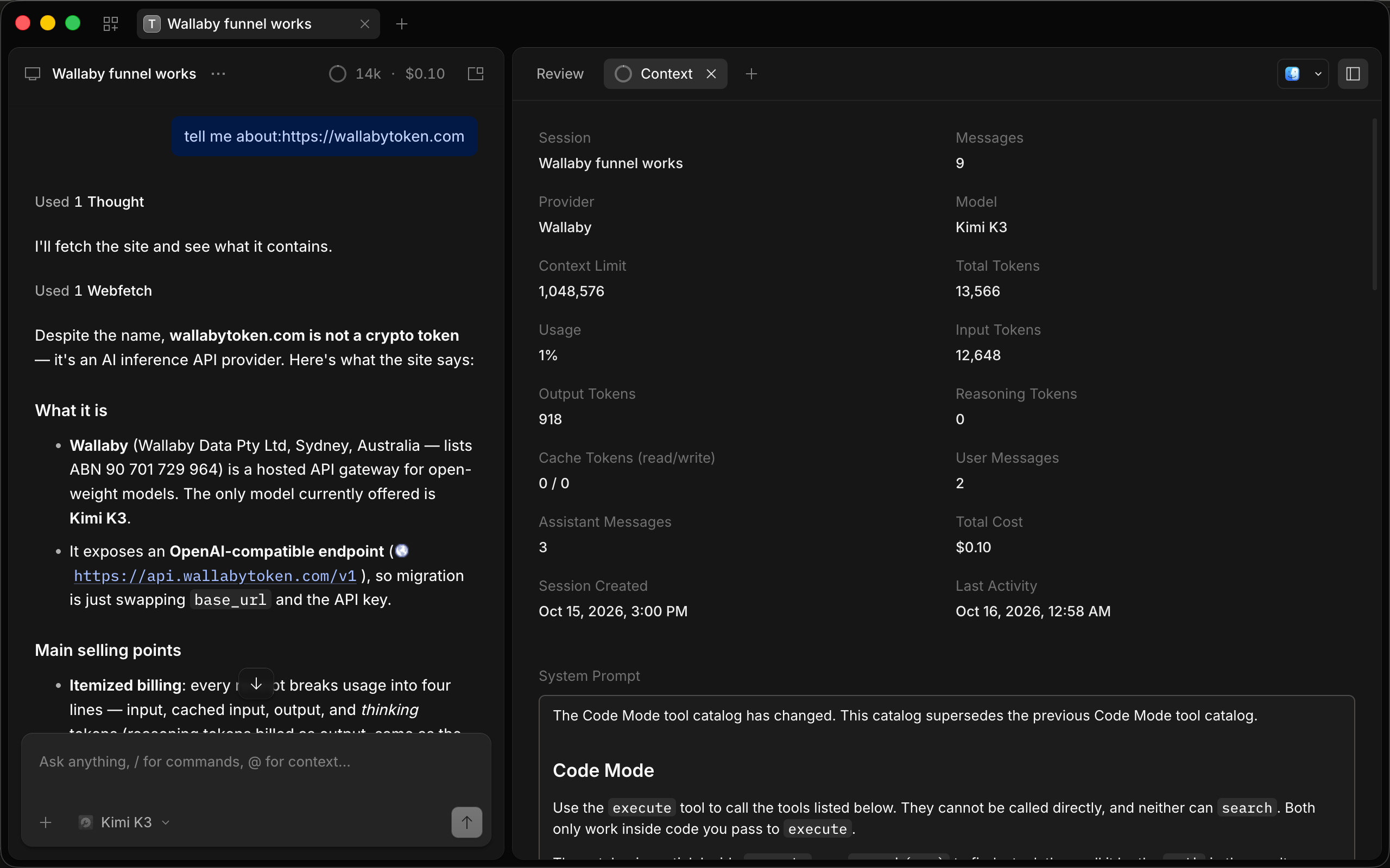 OpenCode Context panel showing Total Cost $0.10 and token breakdown for the session
