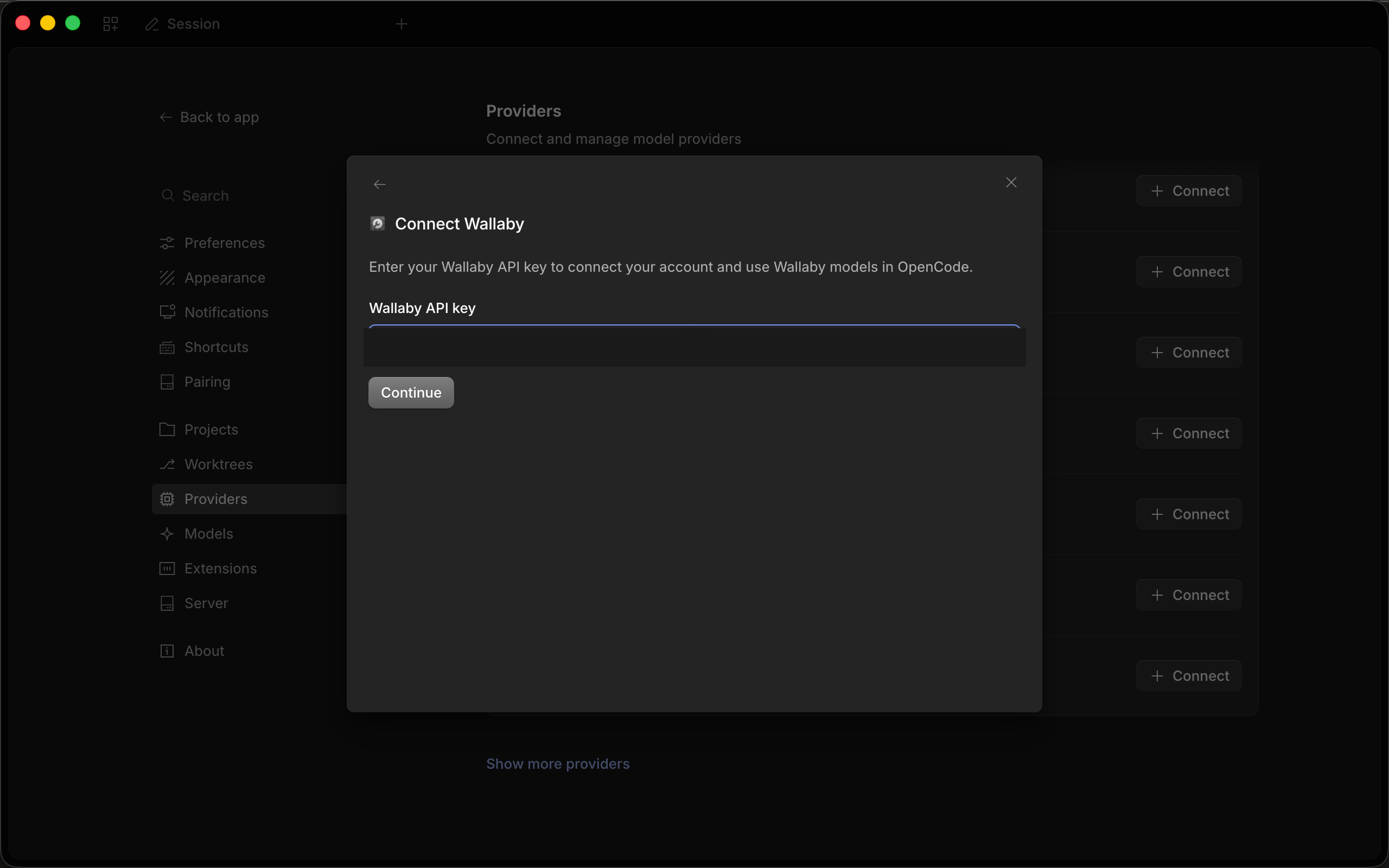 OpenCode Connect Wallaby dialog with the API key field masked
